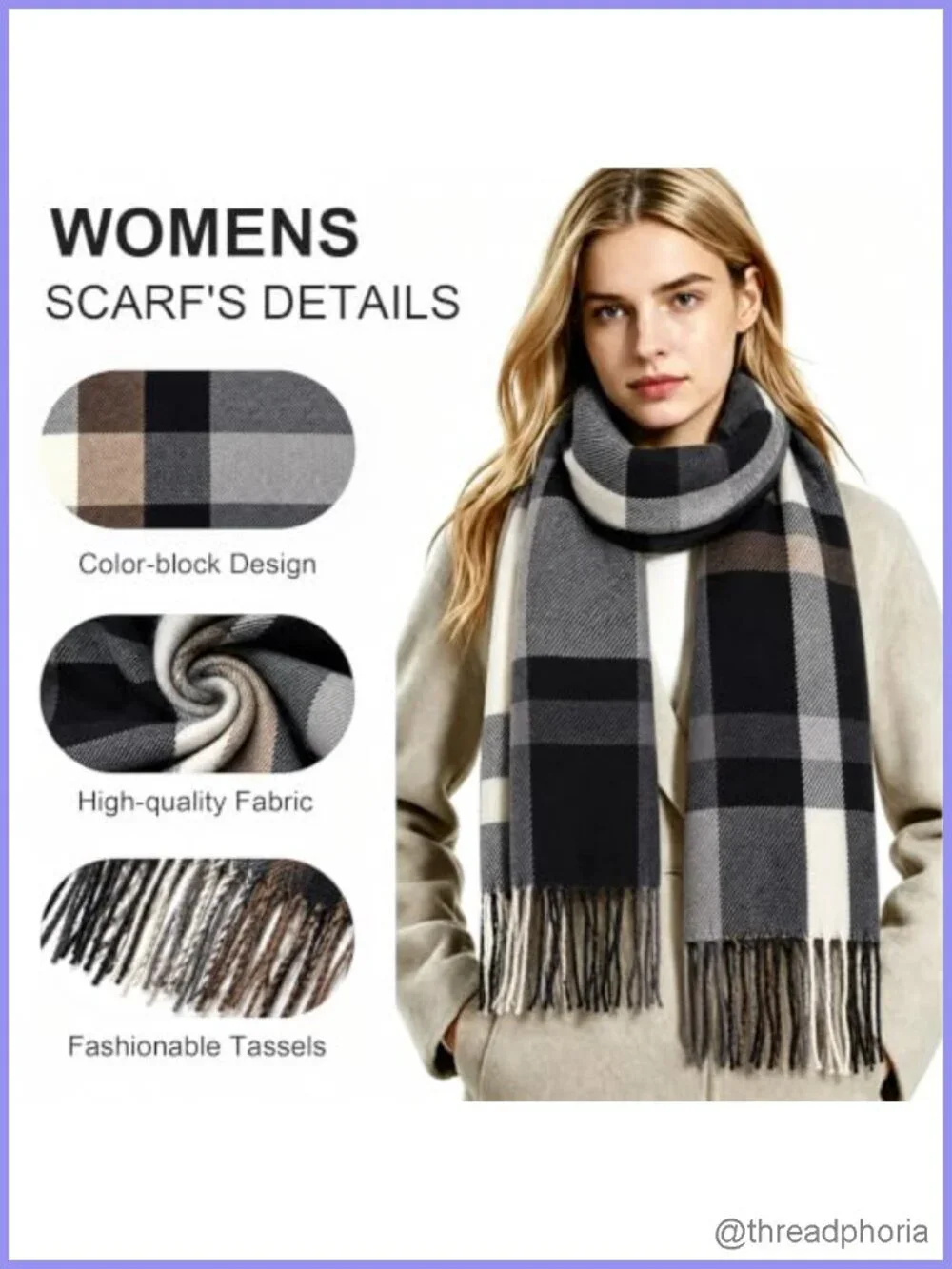 Ultra Soft Plaid Shawl Wrap Scarf for Women, Tasseled Winter Scarf